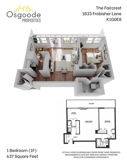 Floor plan for 1 bed, 1 bath, 637 sqft
